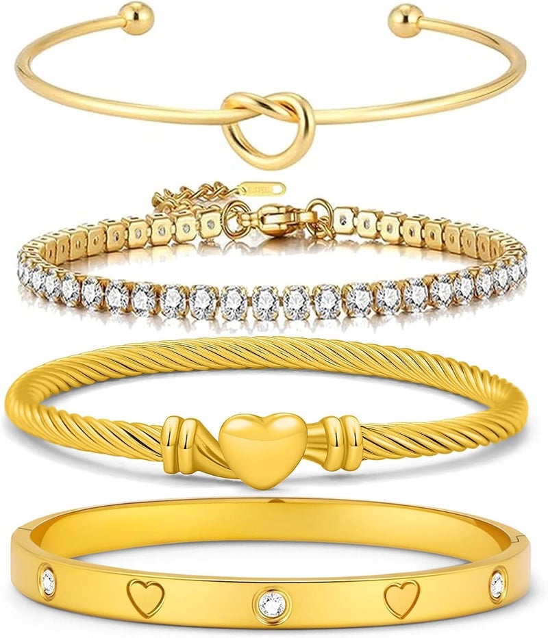 FAFUGA 18 K Gold Plated Love Bangle Bracelet Stack Cuff Jewelry for Women Jewelry Set for Women Gift with Box - Image 1